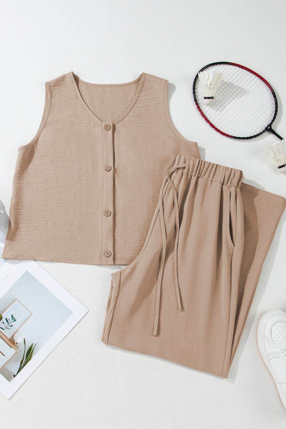 Button Down Vest and Drawstring Wide Leg Pants Set - UnLaced Boutique