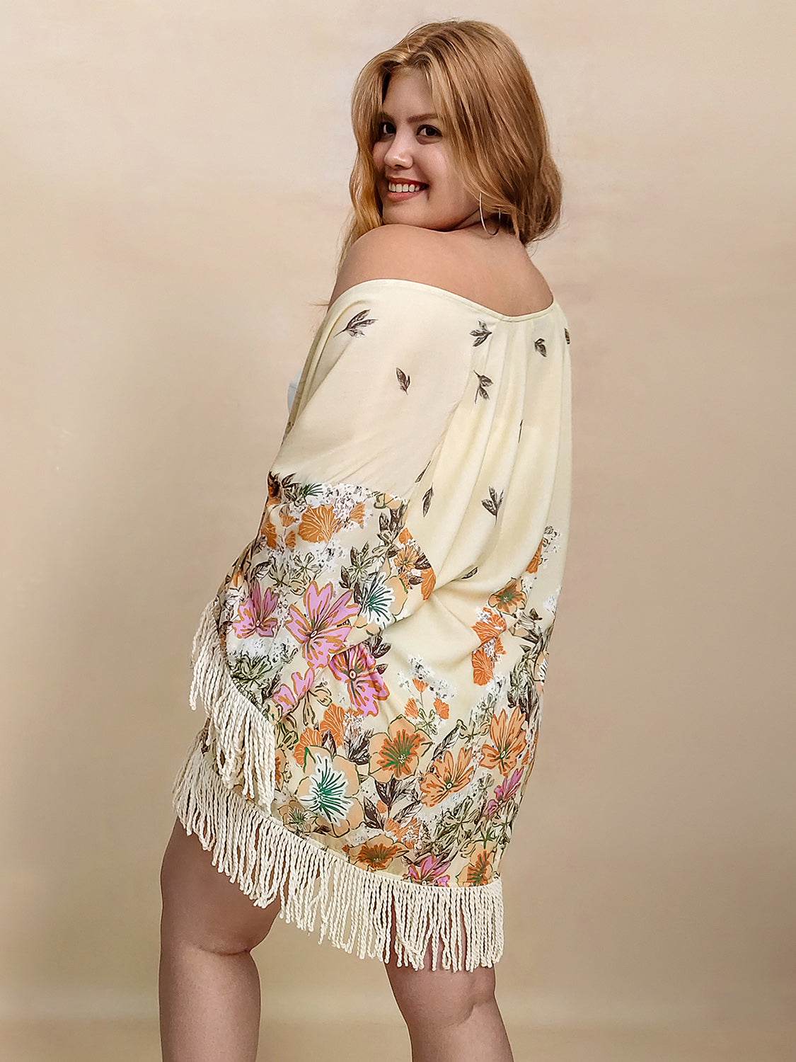 Plus Size Fringe Printed Open Front Cardigan - UnLaced Boutique