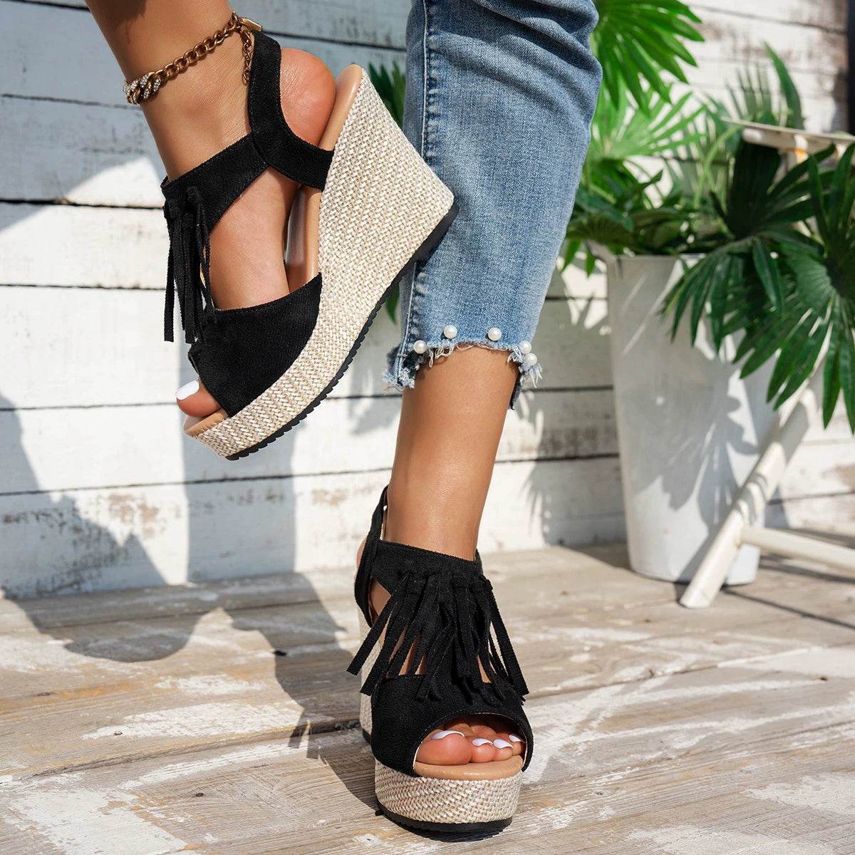 Fringe Peep Toe Wedge Sandals - UnLaced Boutique