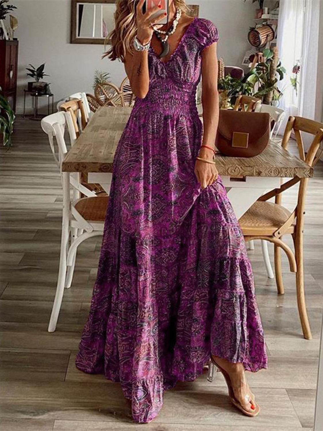 Full Size Smocked Printed V-Neck Short Sleeve Dress - UnLaced Boutique