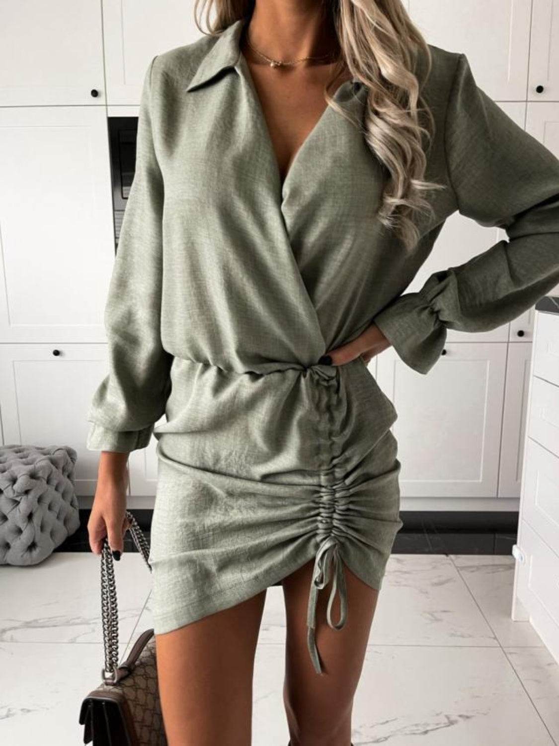 Drawstring Long Sleeve Mini Dress - UnLaced Boutique