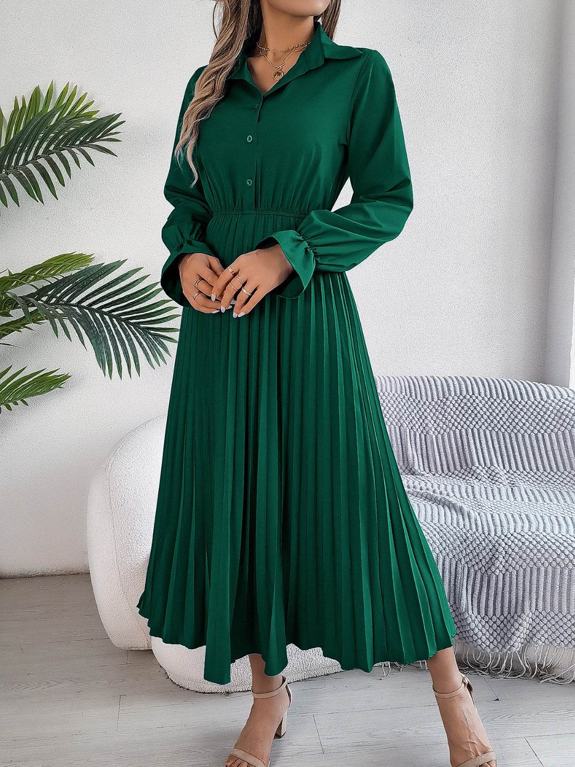 Pleated Half Button Long Sleeve Midi Dress - UnLaced Boutique