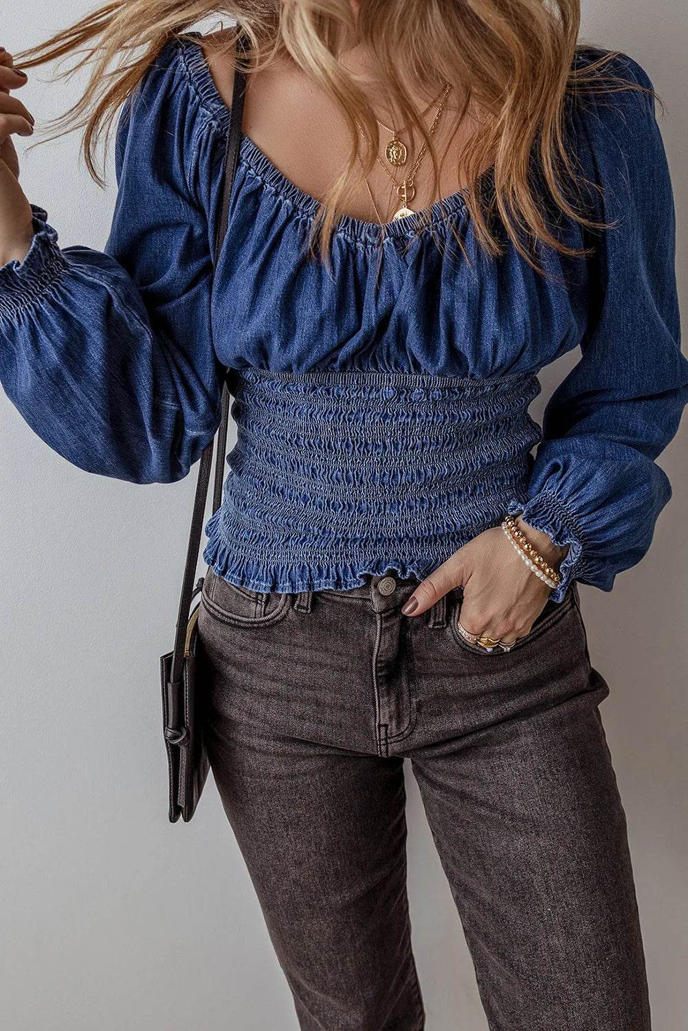 Smocked Long Sleeve Denim Top - UnLaced Boutique