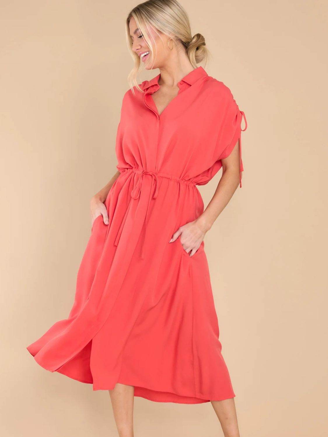 Drawstring Collared Neck Short Sleeve Midi Dress - UnLaced Boutique