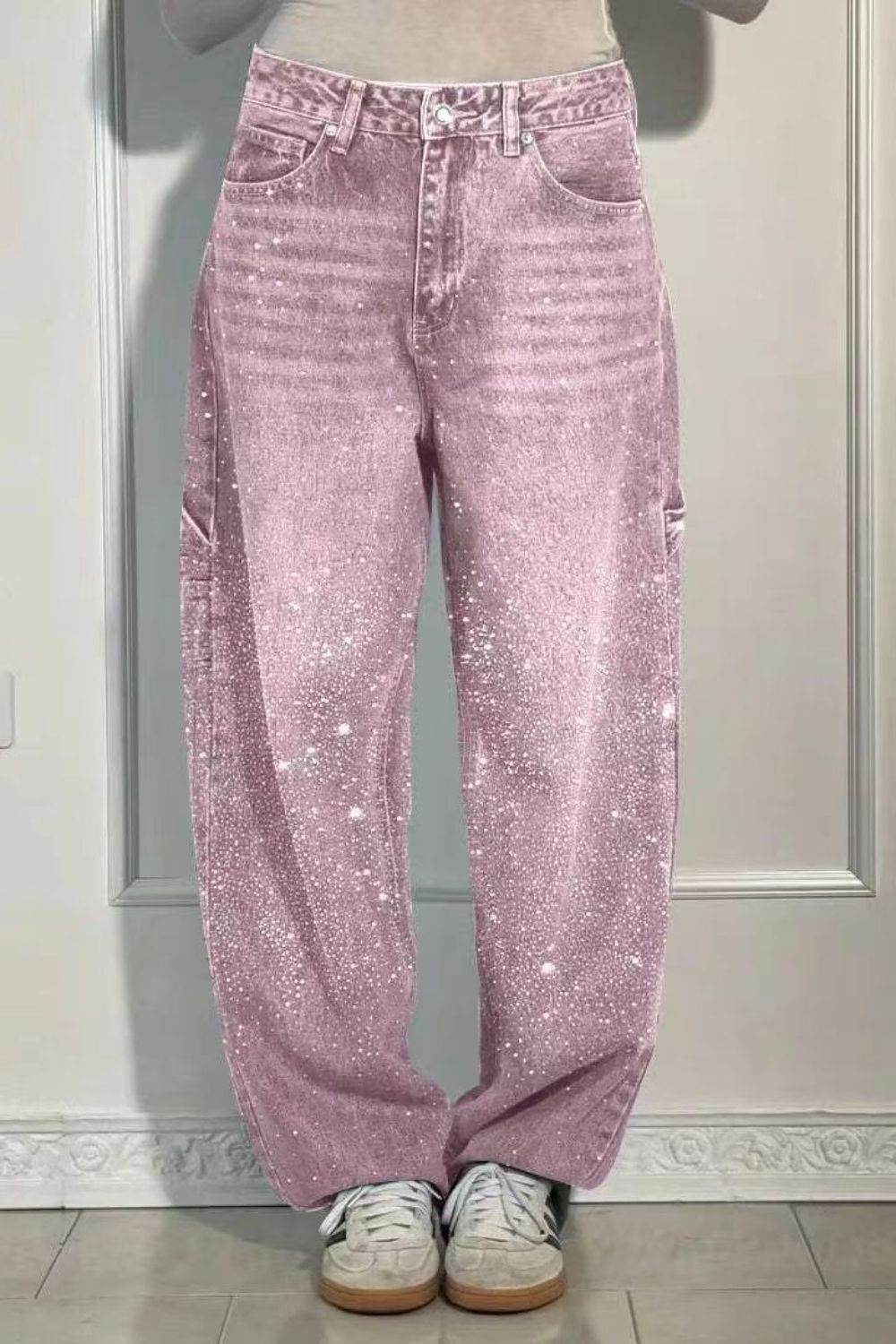 Full Size Washed Rhinestone Detail Wide leg Jeans Plus Size - UnLaced Boutique