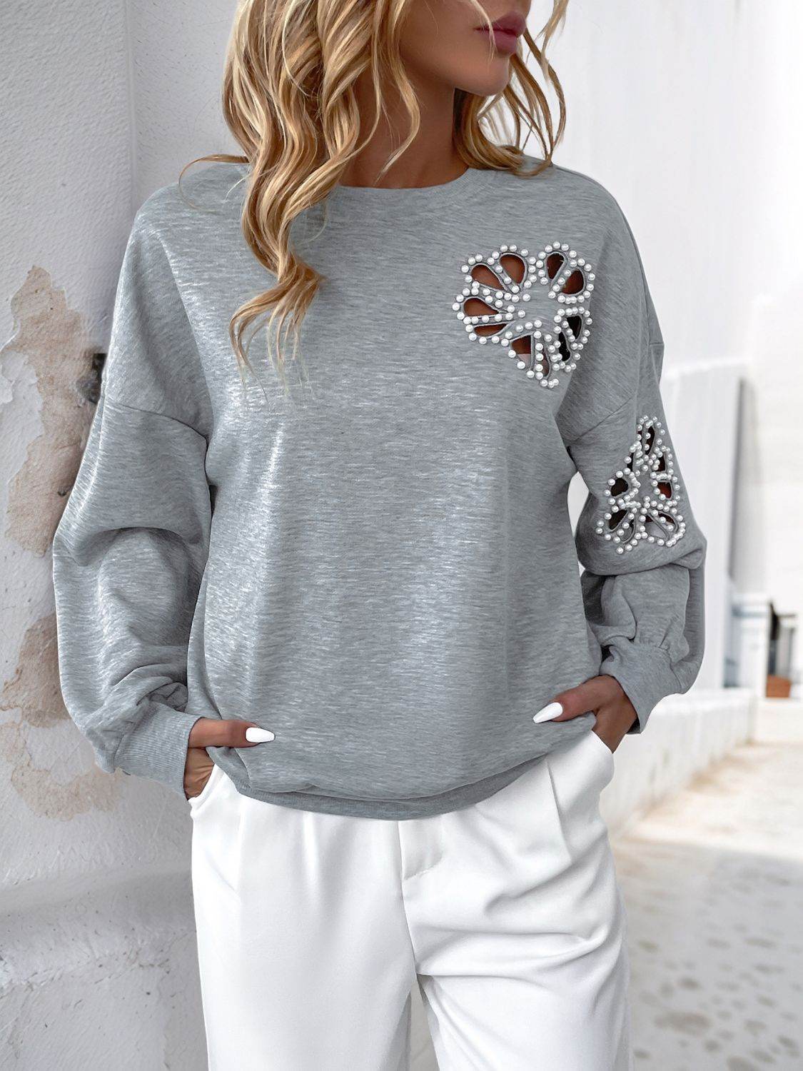 Perfee Cutout Pearl Round Neck Long Sleeve Sweatshirt - UnLaced Boutique