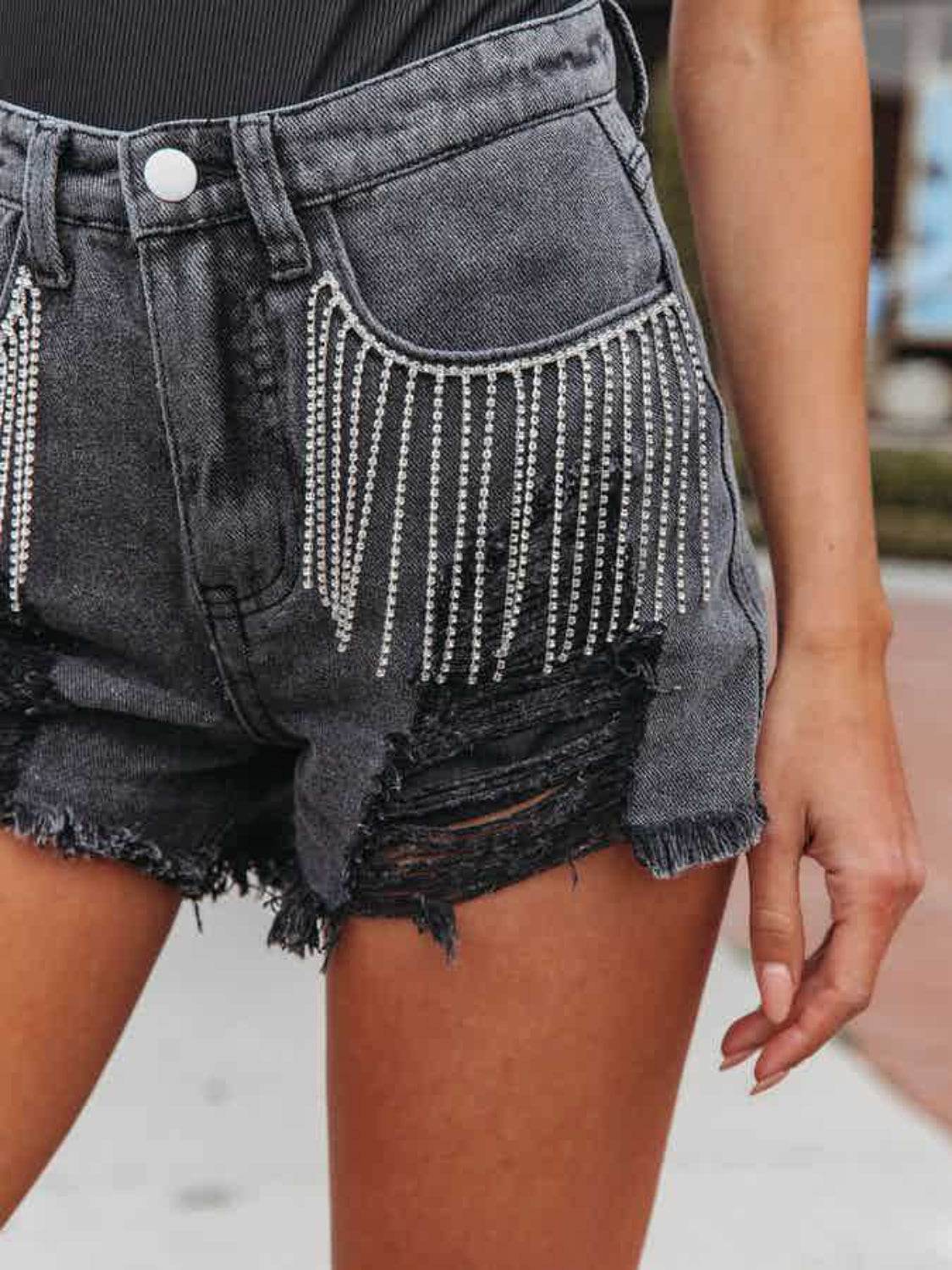 Distressed Fringe Denim Shorts with Pockets - UnLaced Boutique