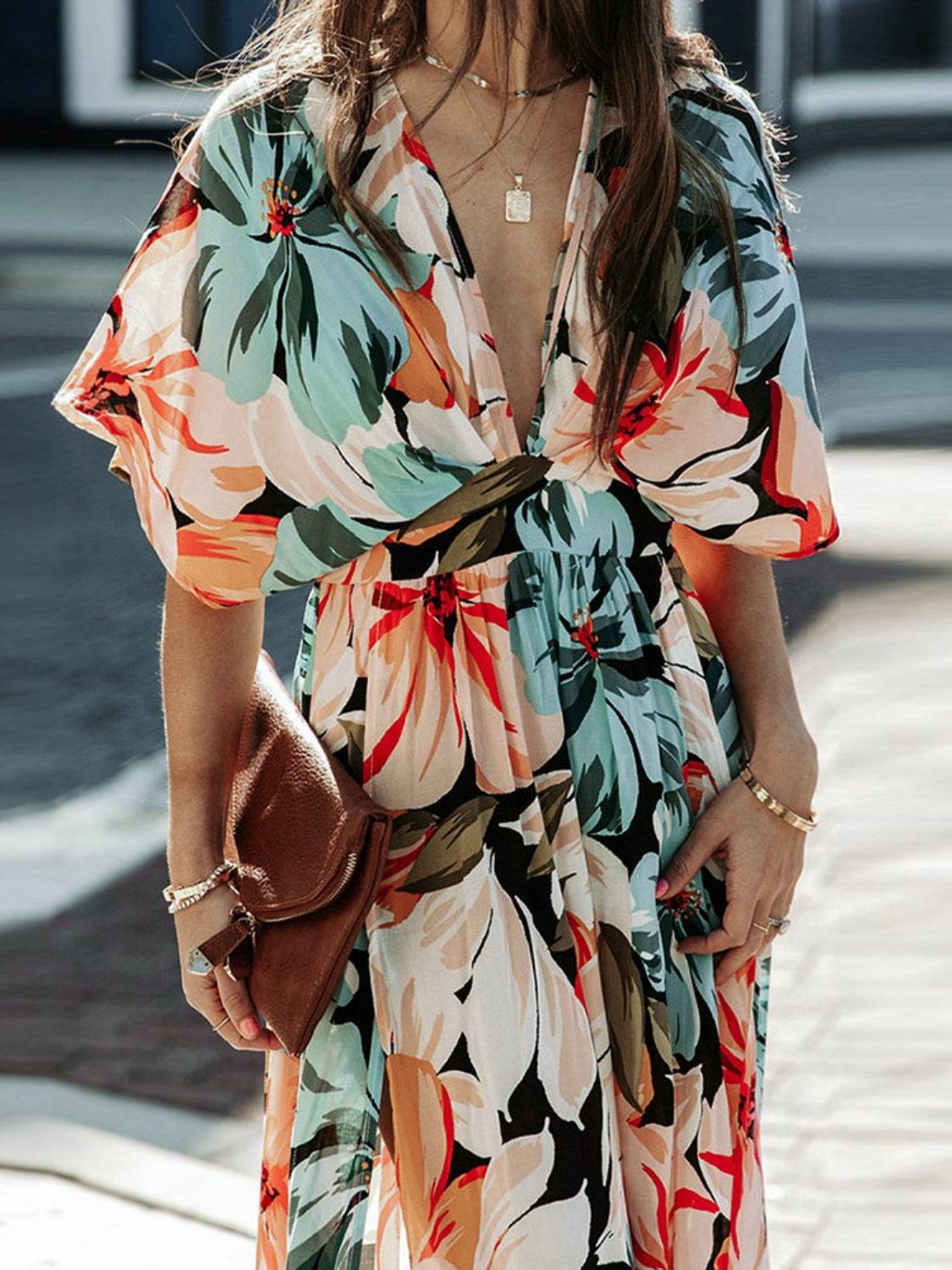 Floral Plunge Half Sleeve Dress - UnLaced Boutique