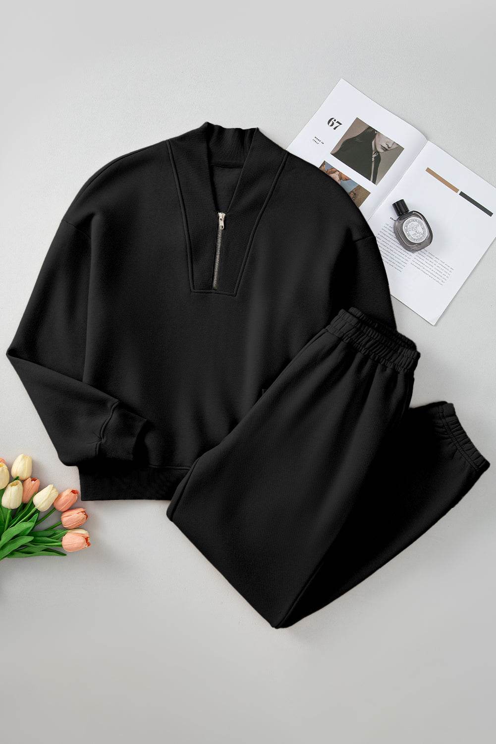Quarter Zip Long Sleeve Top and Pants Set - UnLaced Boutique