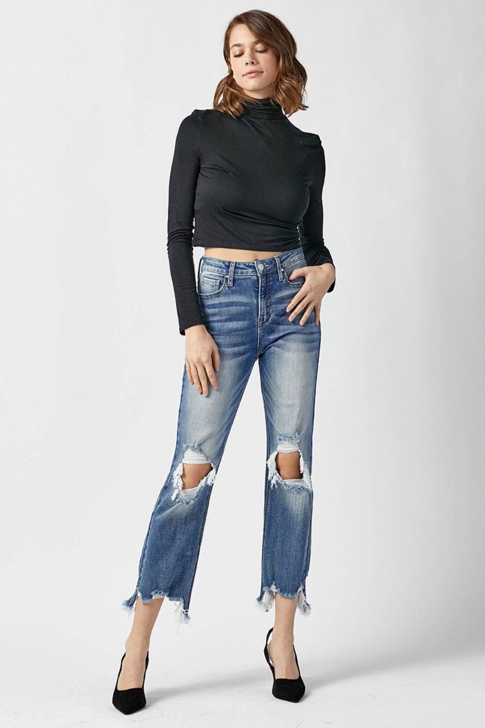 RISEN High Waist Distressed Frayed Hem Cropped Straight Jeans - UnLaced Boutique