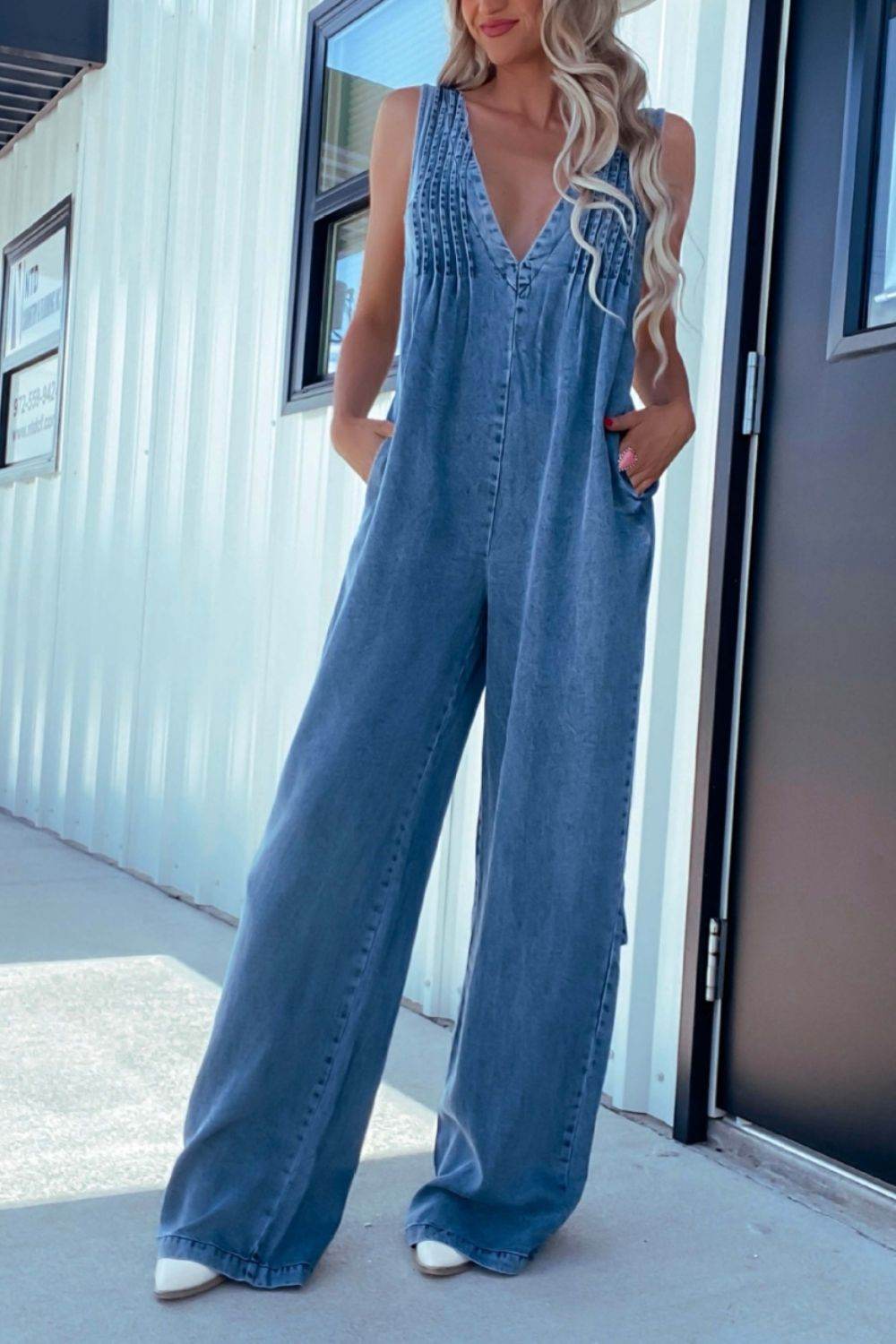 V-Neck Wide Leg Denim Jumpsuit - UnLaced Boutique