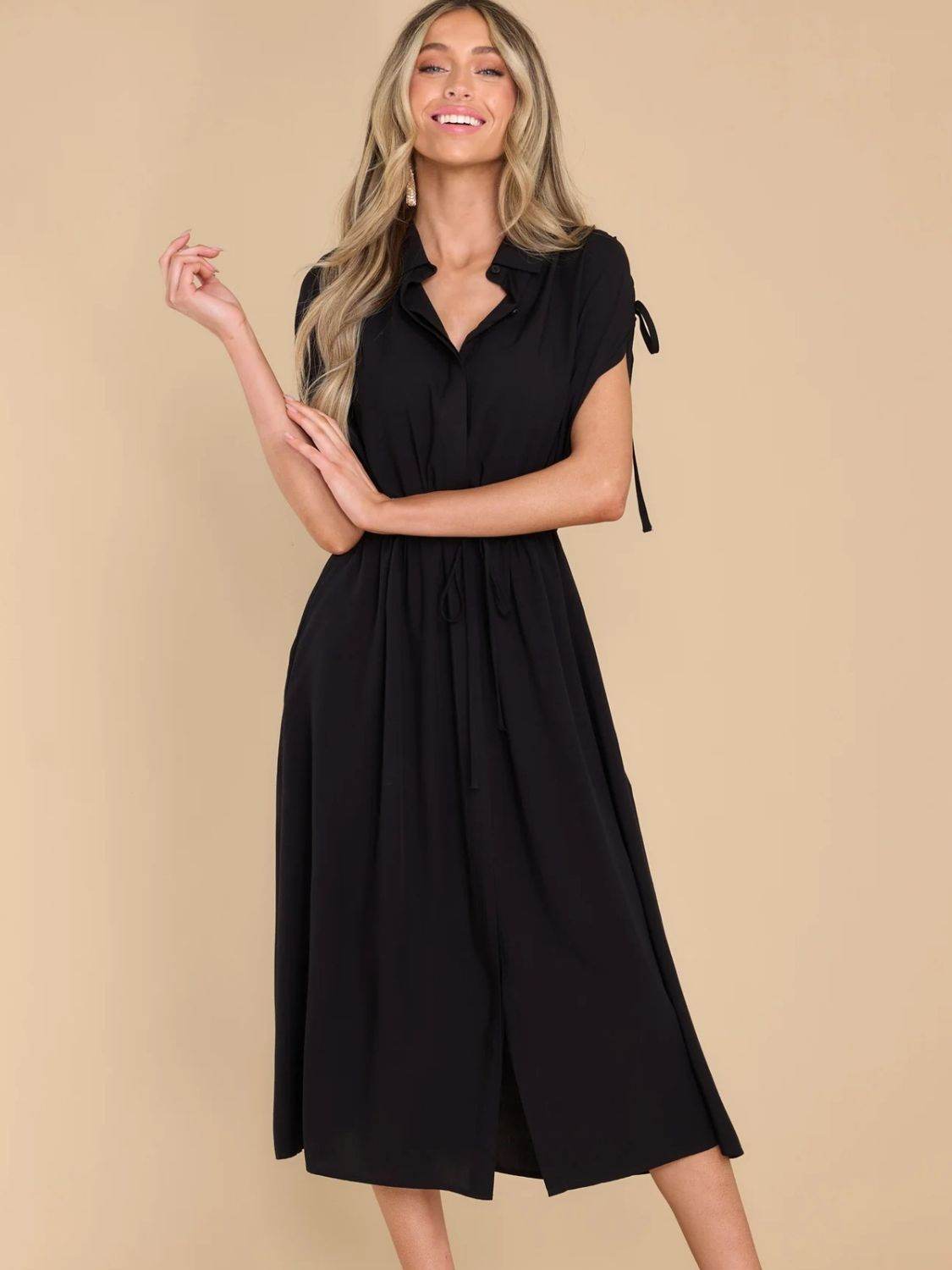 Drawstring Collared Neck Short Sleeve Midi Dress - UnLaced Boutique