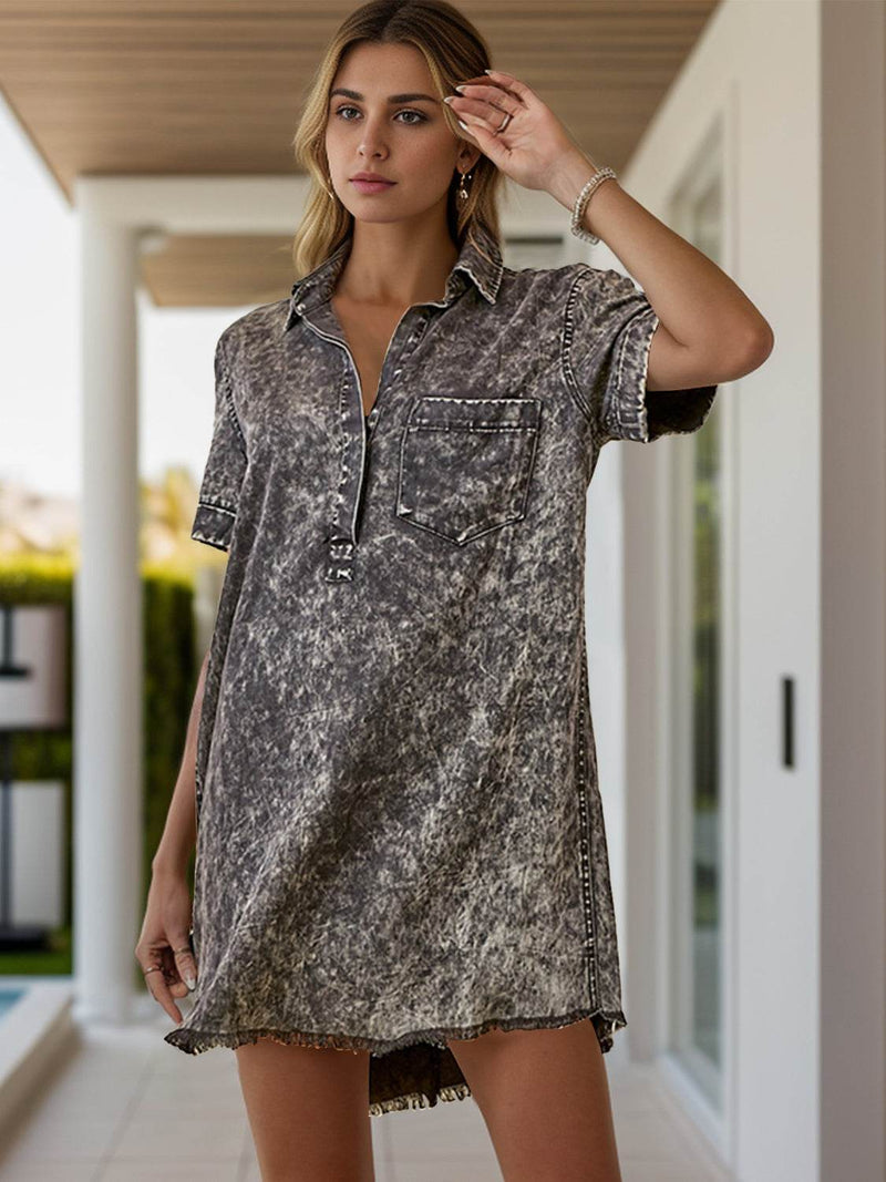 Pocketed Collared Neck Short Sleeve Denim Dress - UnLaced Boutique