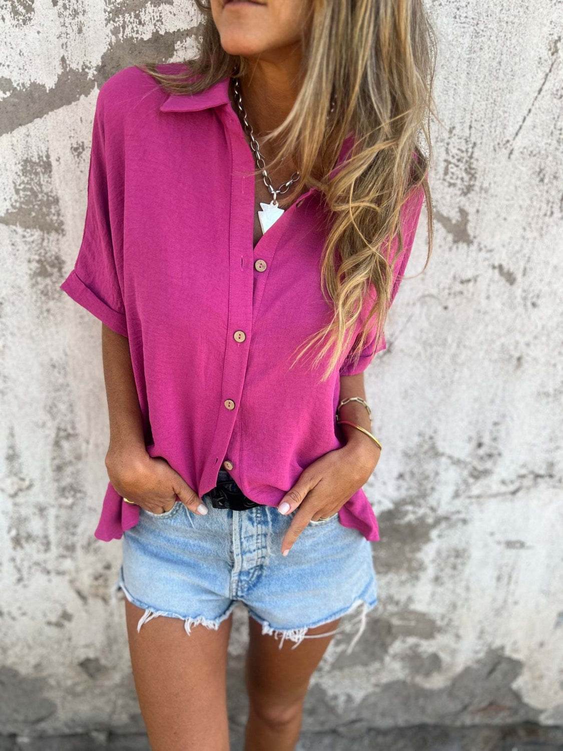 Full Size Collared Neck Half Sleeve Shirt Plus Size - UnLaced Boutique