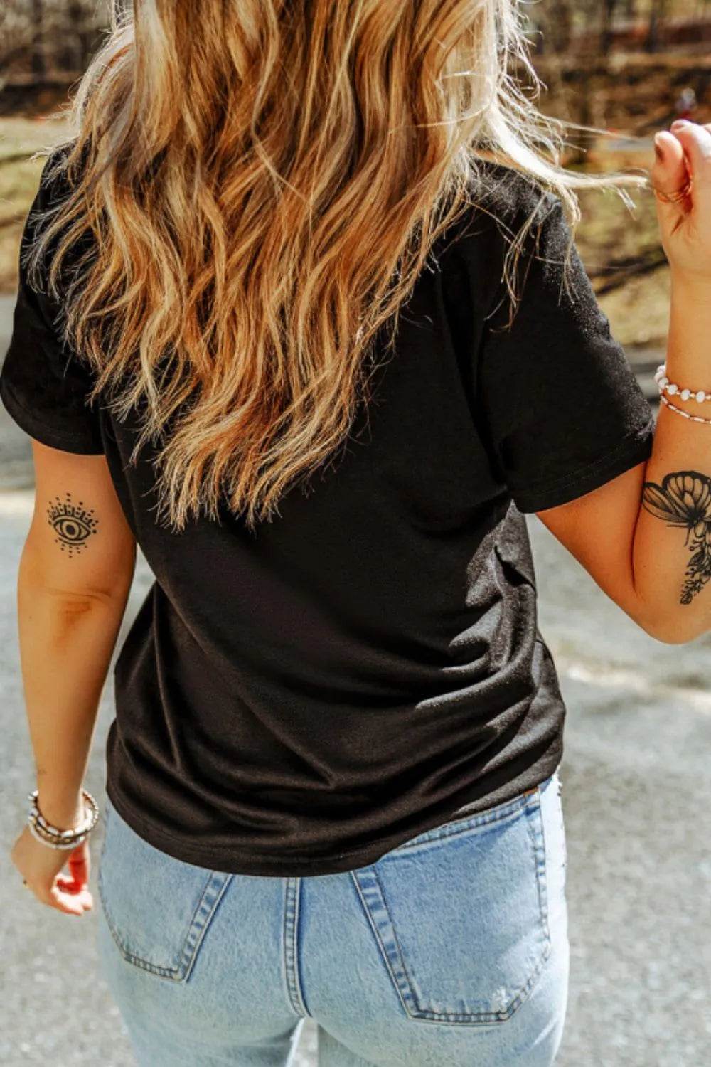 Embroidered Round Neck Short Sleeve T-Shirt - UnLaced Boutique