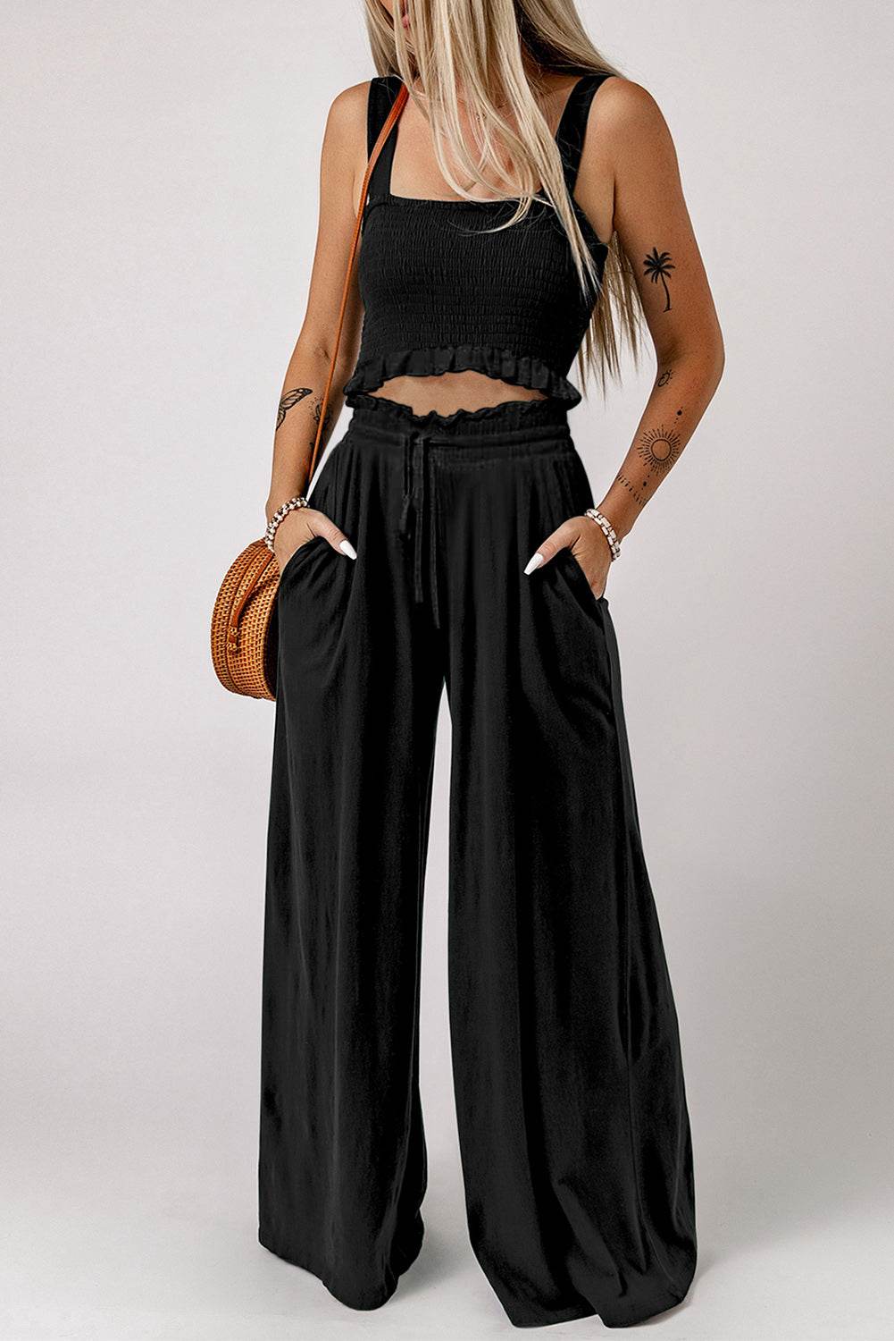 Square Neck Cropped Tank Top and Long Pants Set - UnLaced Boutique