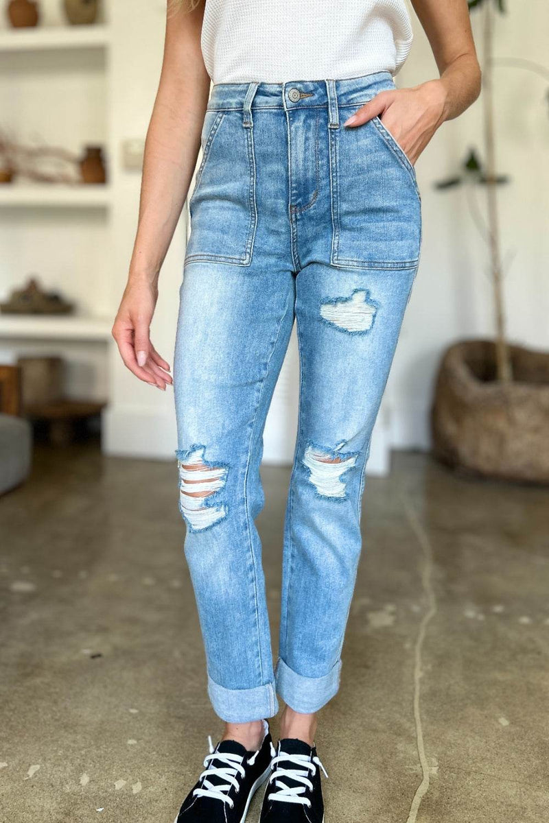 Judy Blue Full Size Distressed Straight Jeans with Patch Pockets - UnLaced Boutique