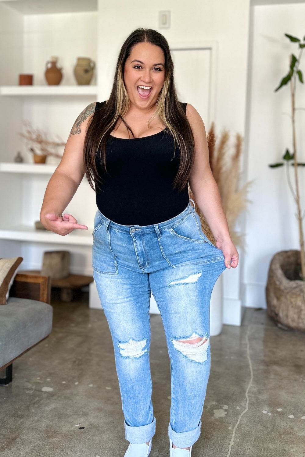 Judy Blue Full Size Distressed Straight Jeans with Patch Pockets - UnLaced Boutique