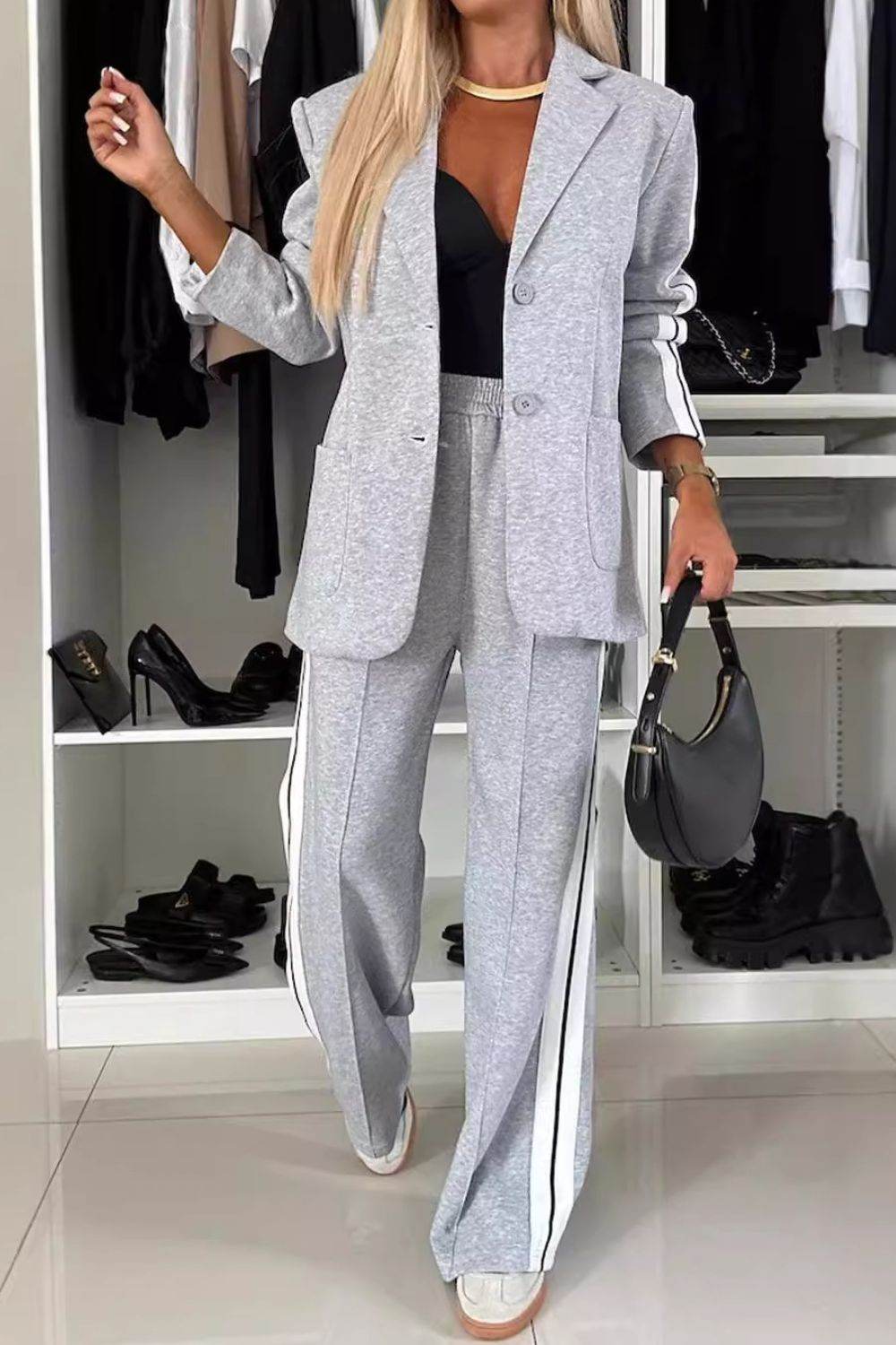 Full Size Contrast Lapel Collar Top and Pants Set - UnLaced Boutique