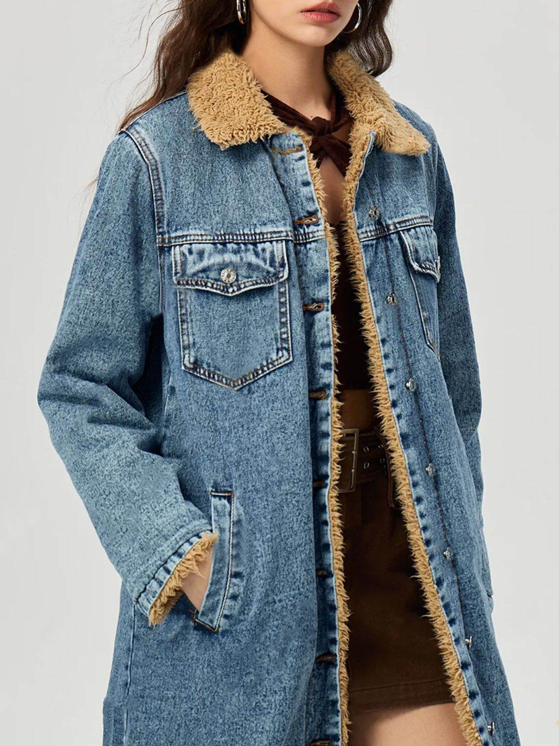 Pocketed Button Up Denim Jacket with Fur Lining - UnLaced Boutique