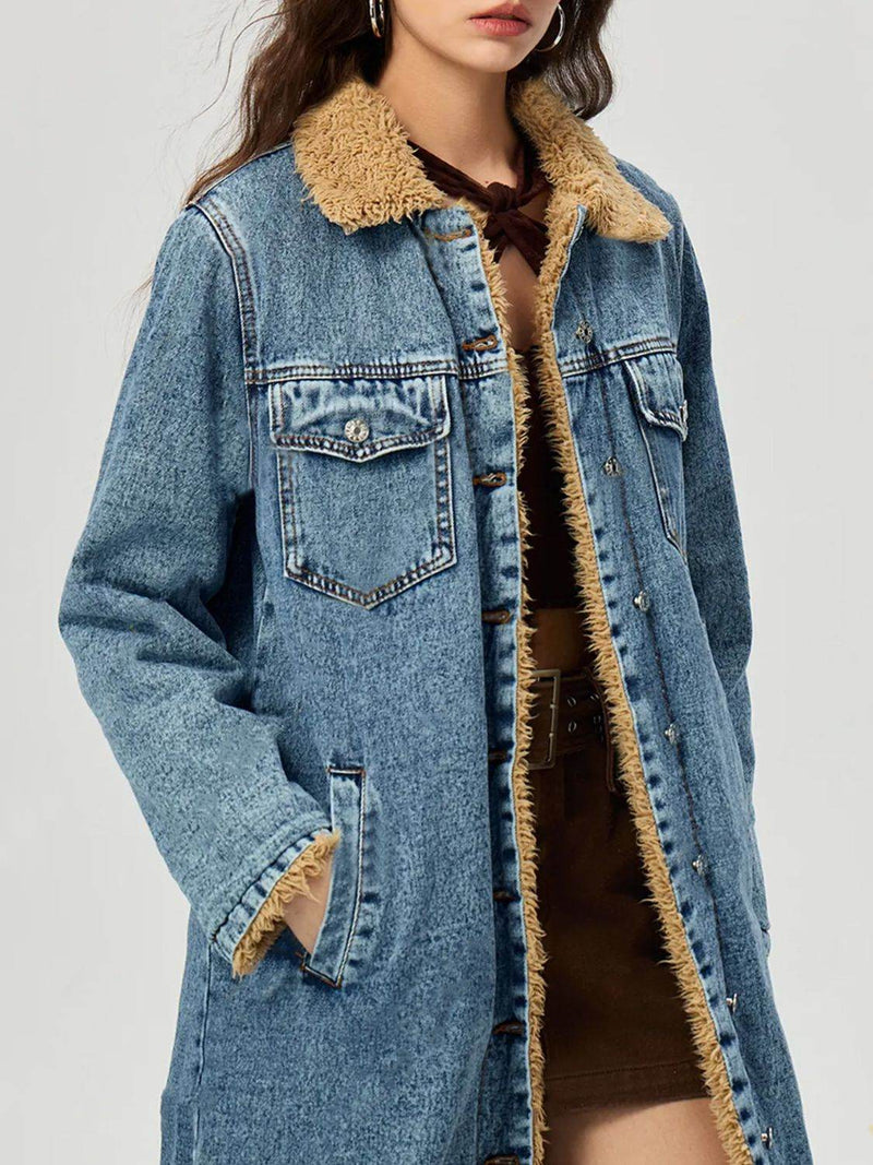 Pocketed Button Up Denim Jacket with Fur Lining - UnLaced Boutique