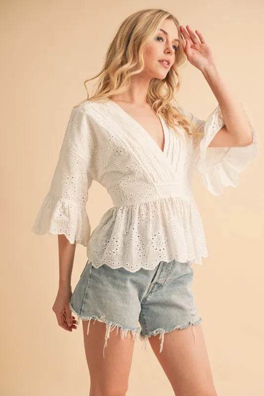 Aemi+Co Flounce Sleeve Eyelet Peplum Top - UnLaced Boutique