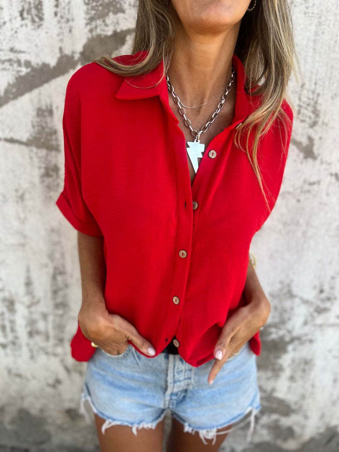Full Size Collared Neck Half Sleeve Shirt Plus Size - UnLaced Boutique