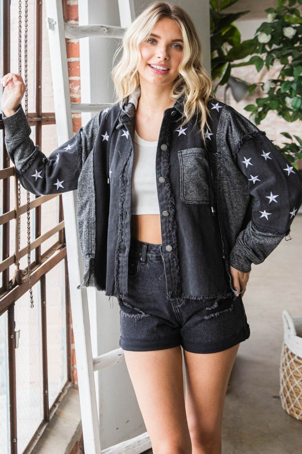 Veveret Star Embroidered Hooded Denim Jacket - UnLaced Boutique