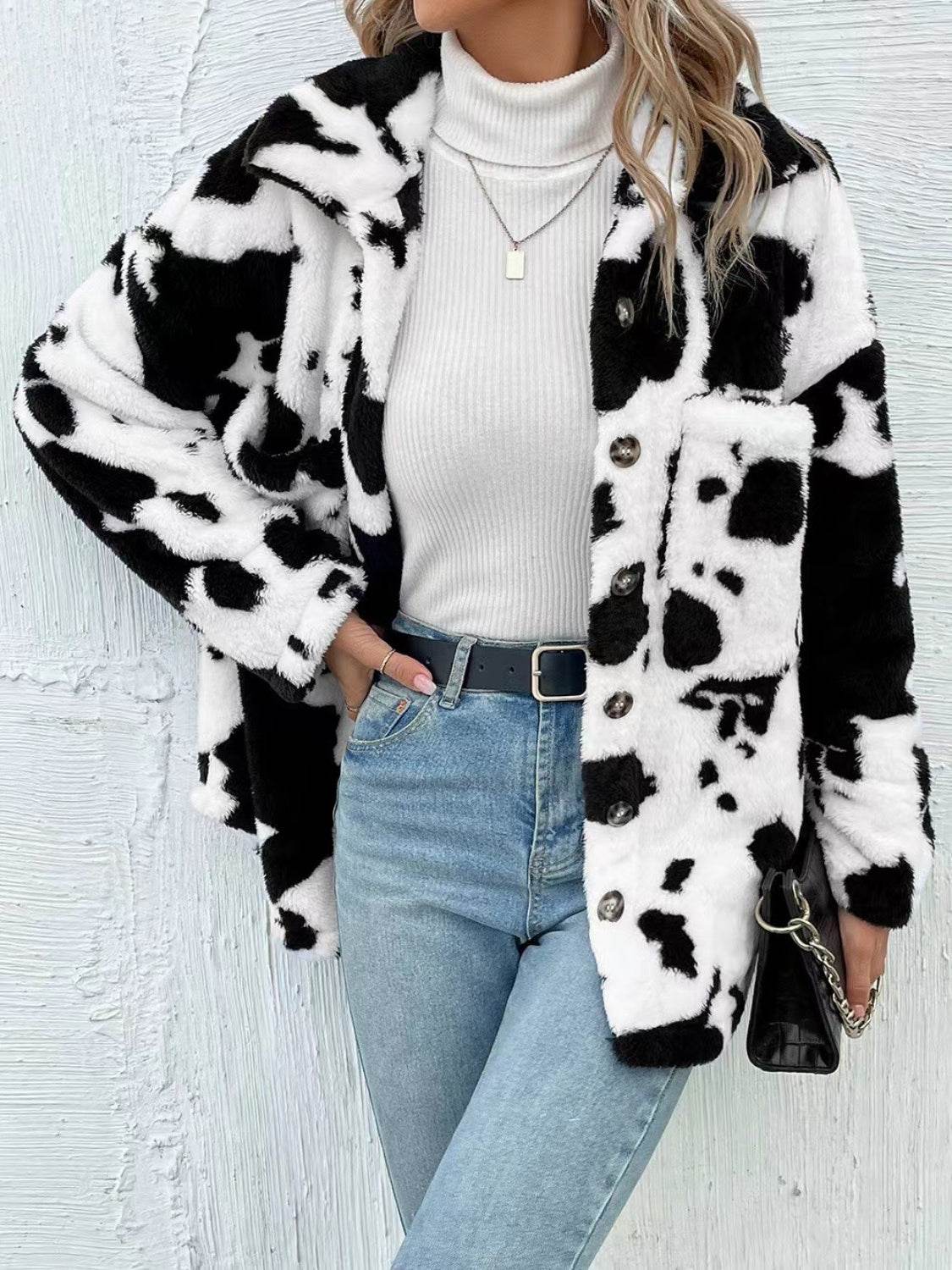 Cow Print Collared Neck Button Up Fuzzy Jacket - UnLaced Boutique
