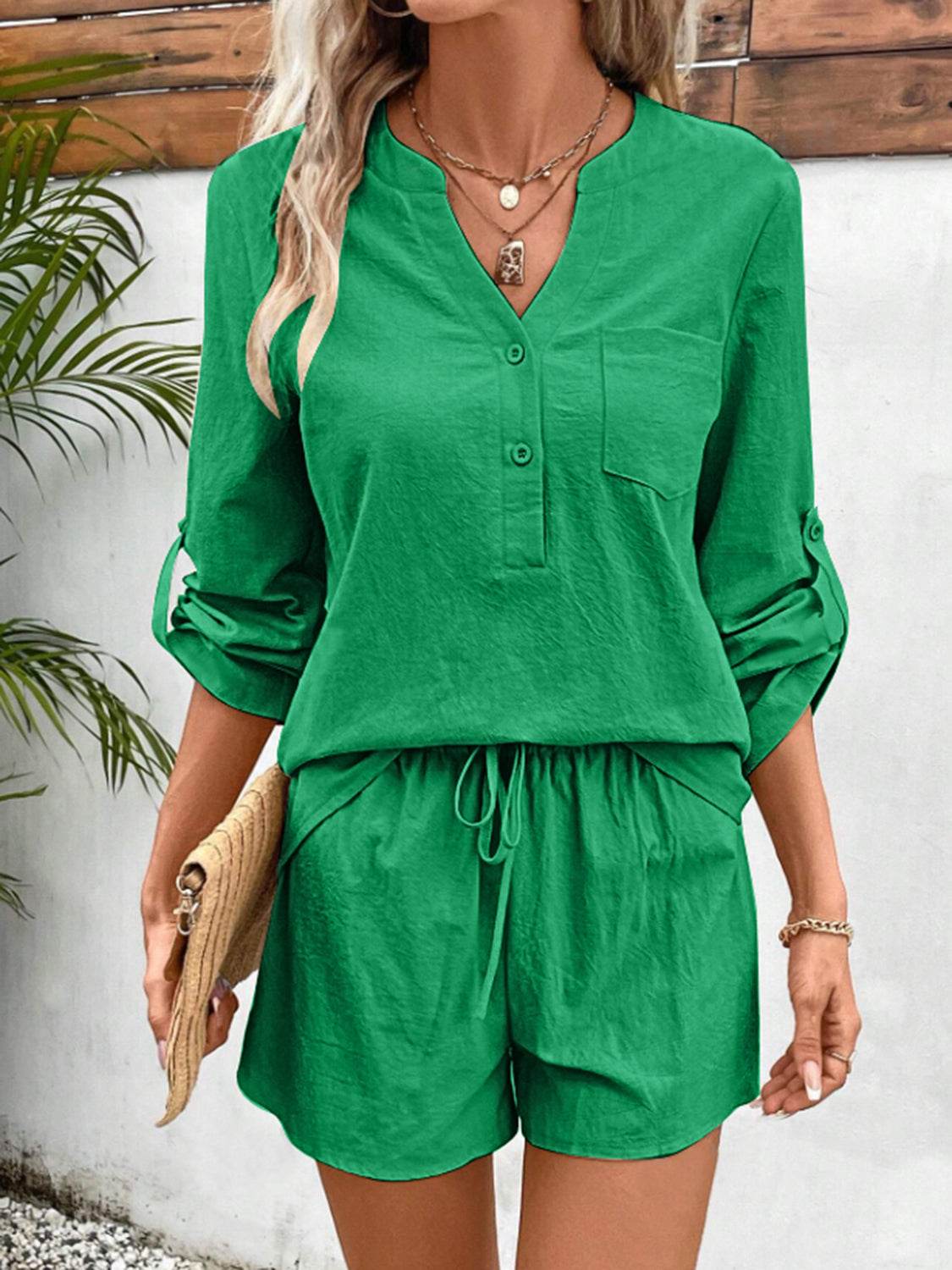Notched Long Sleeve Top and Shorts Set - UnLaced Boutique