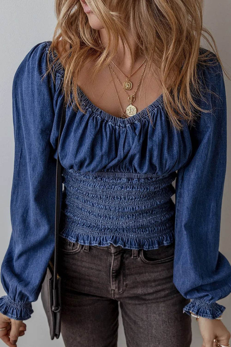 Smocked Long Sleeve Denim Top - UnLaced Boutique