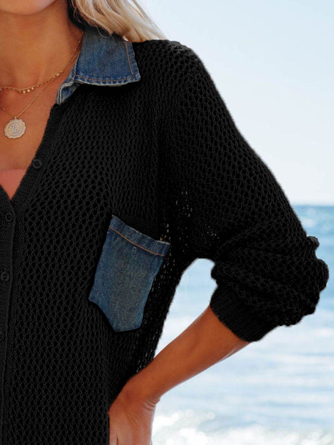 Side Slit Openwork Collared Neck Cover-Up - UnLaced Boutique