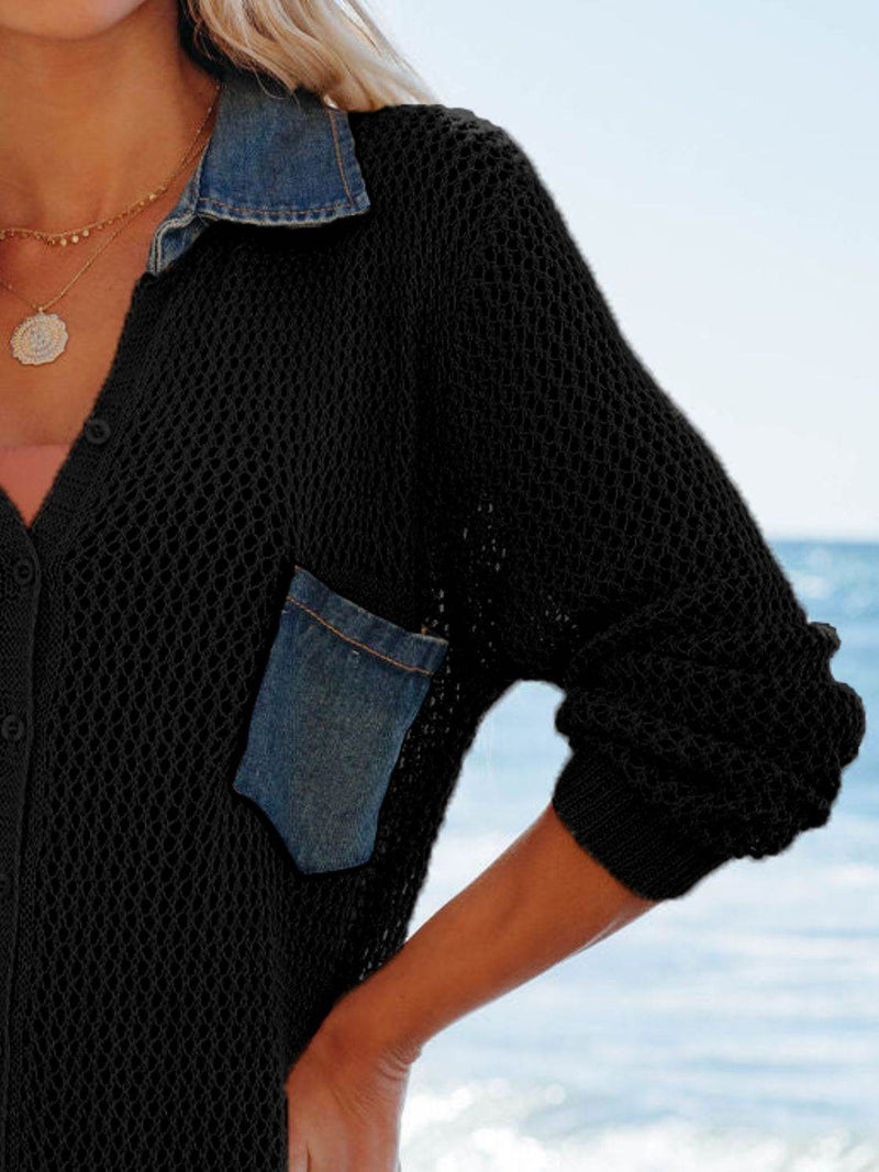 Side Slit Openwork Collared Neck Cover-Up - UnLaced Boutique