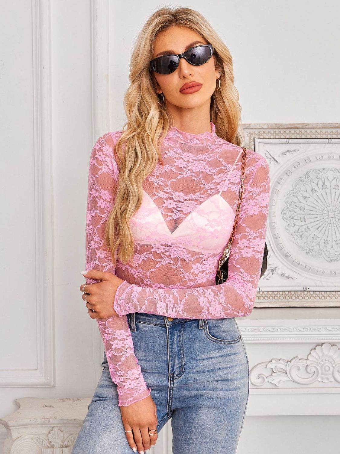 Mock Neck Long Sleeve Lace Sheer Top - UnLaced Boutique