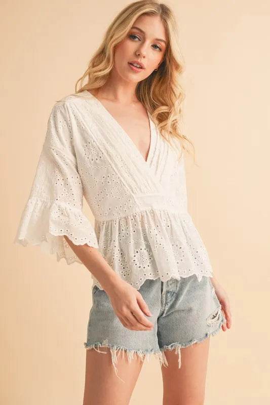 Aemi+Co Flounce Sleeve Eyelet Peplum Top - UnLaced Boutique