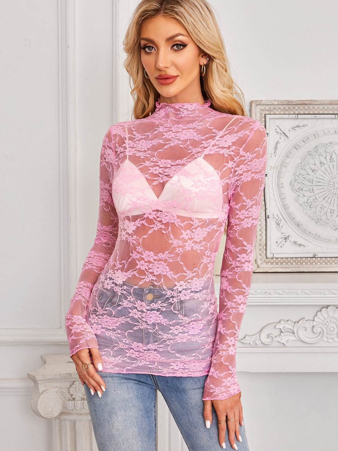 Mock Neck Long Sleeve Lace Sheer Top - UnLaced Boutique