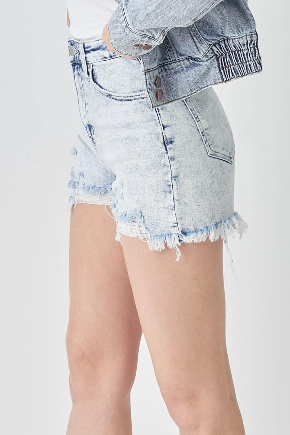 RISEN Raw Hem Distressed High Rise Denim Shorts - UnLaced Boutique