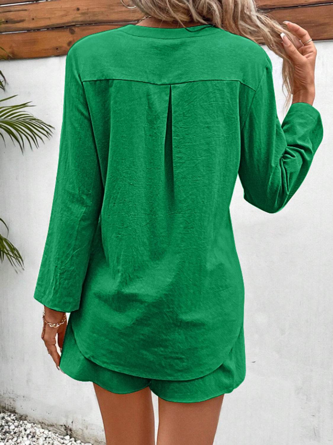 Notched Long Sleeve Top and Shorts Set - UnLaced Boutique