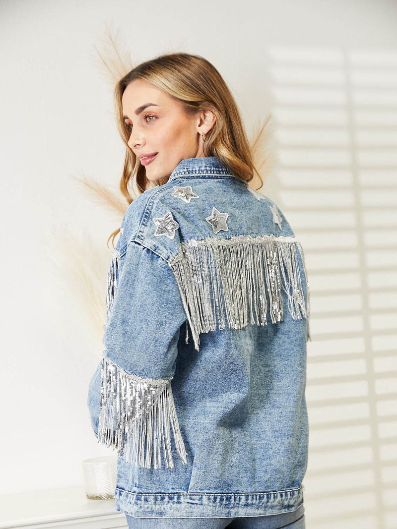 Fringe Detail Long Sleeve Denim Jacket - UnLaced Boutique