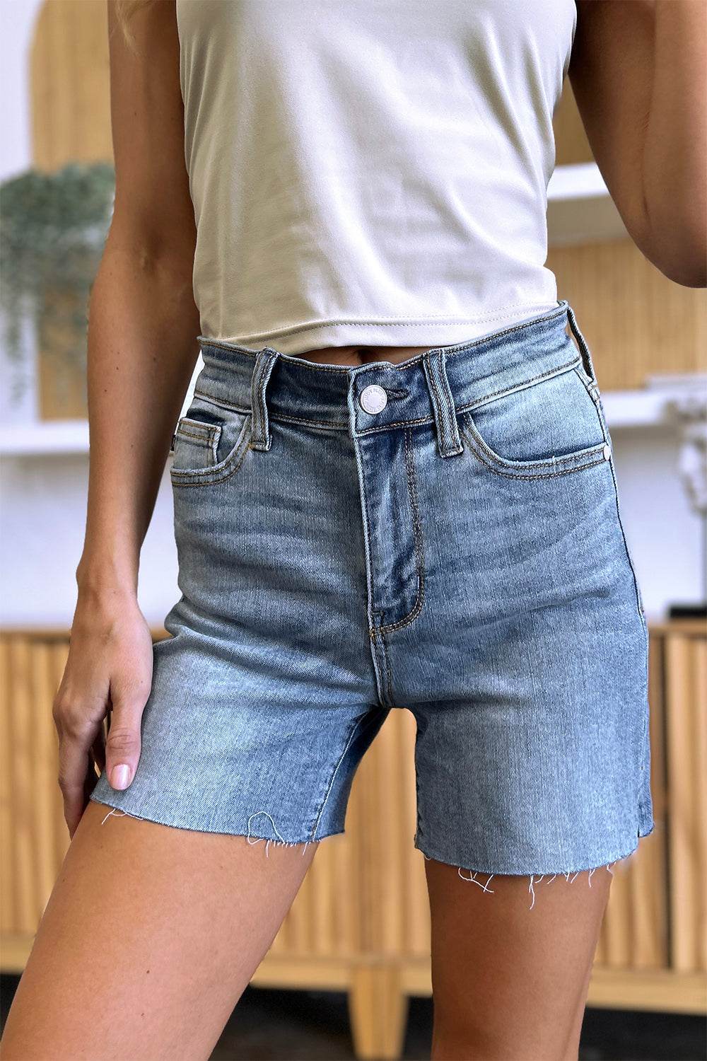 Judy Blue Full Size High Waist Raw Hem Denim Shorts - UnLaced Boutique
