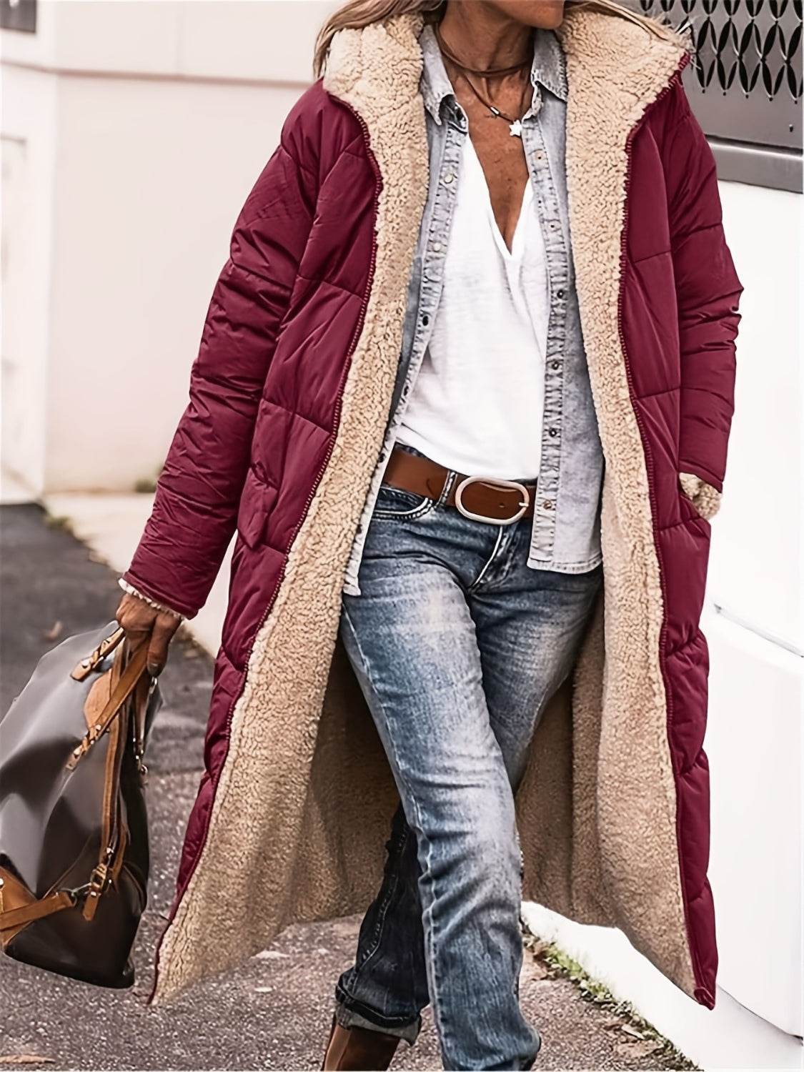 Full Size Zip Up Sherpa Hooded Coat - UnLaced Boutique