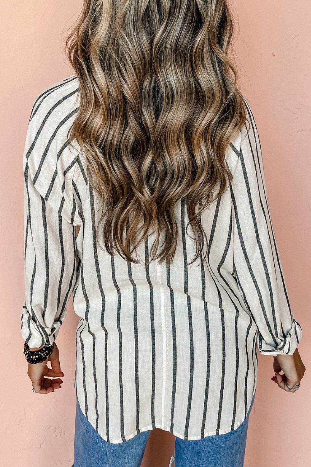 Pocketed Striped Collared Neck Long Sleeve Shirt - UnLaced Boutique
