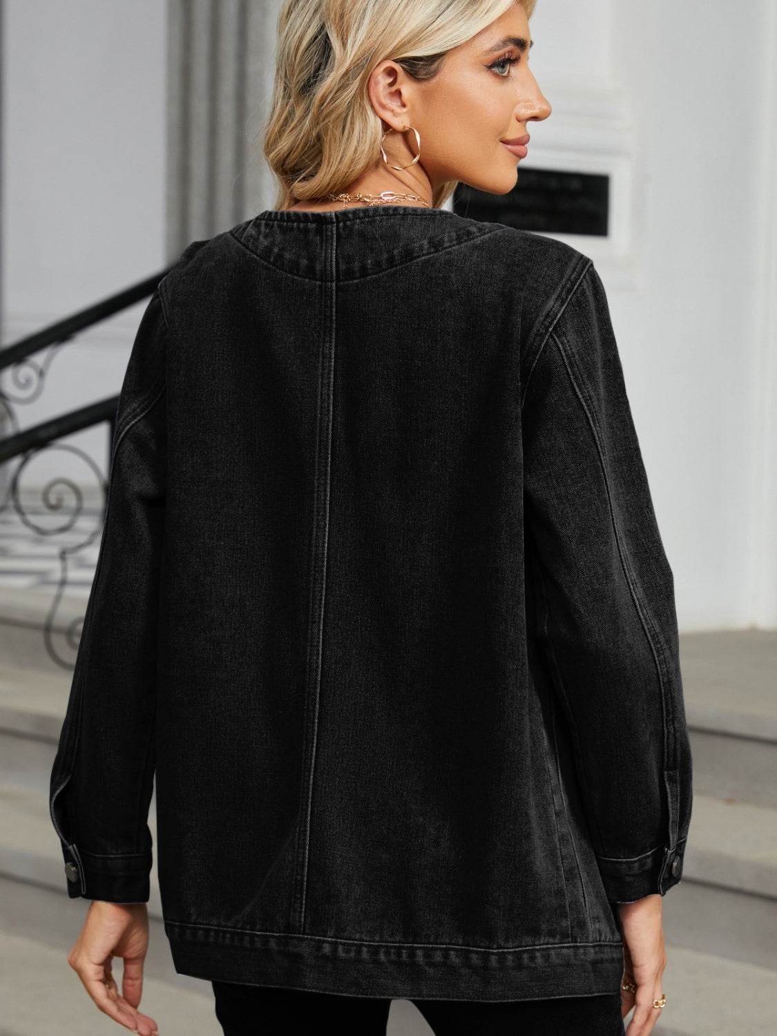 Pocketed V-Neck Button Up Denim Jacket - UnLaced Boutique