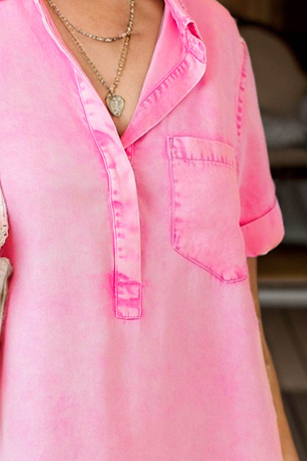 Pocketed Collared Neck Short Sleeve Denim Dress - UnLaced Boutique