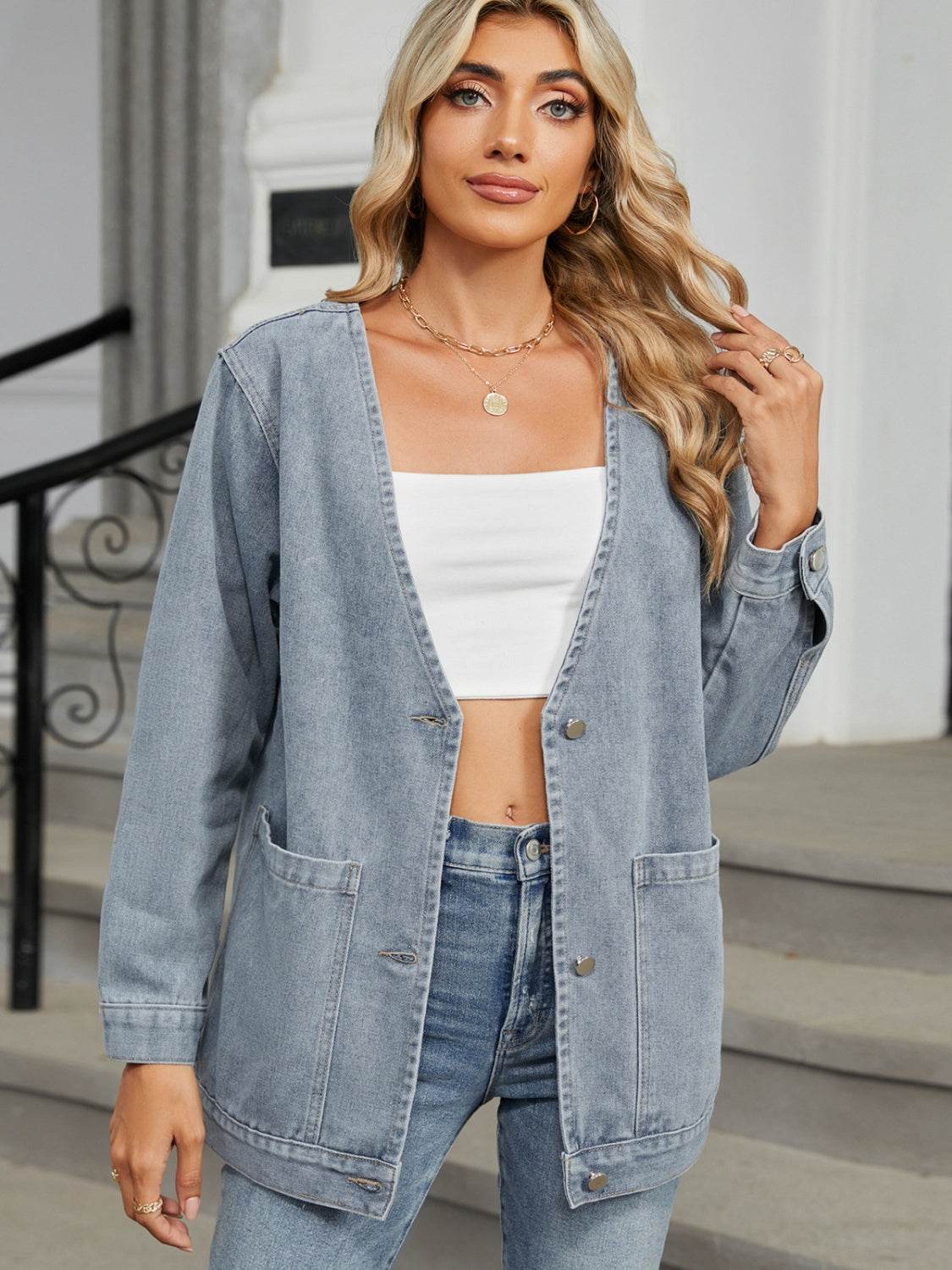 Pocketed V-Neck Button Up Denim Jacket - UnLaced Boutique