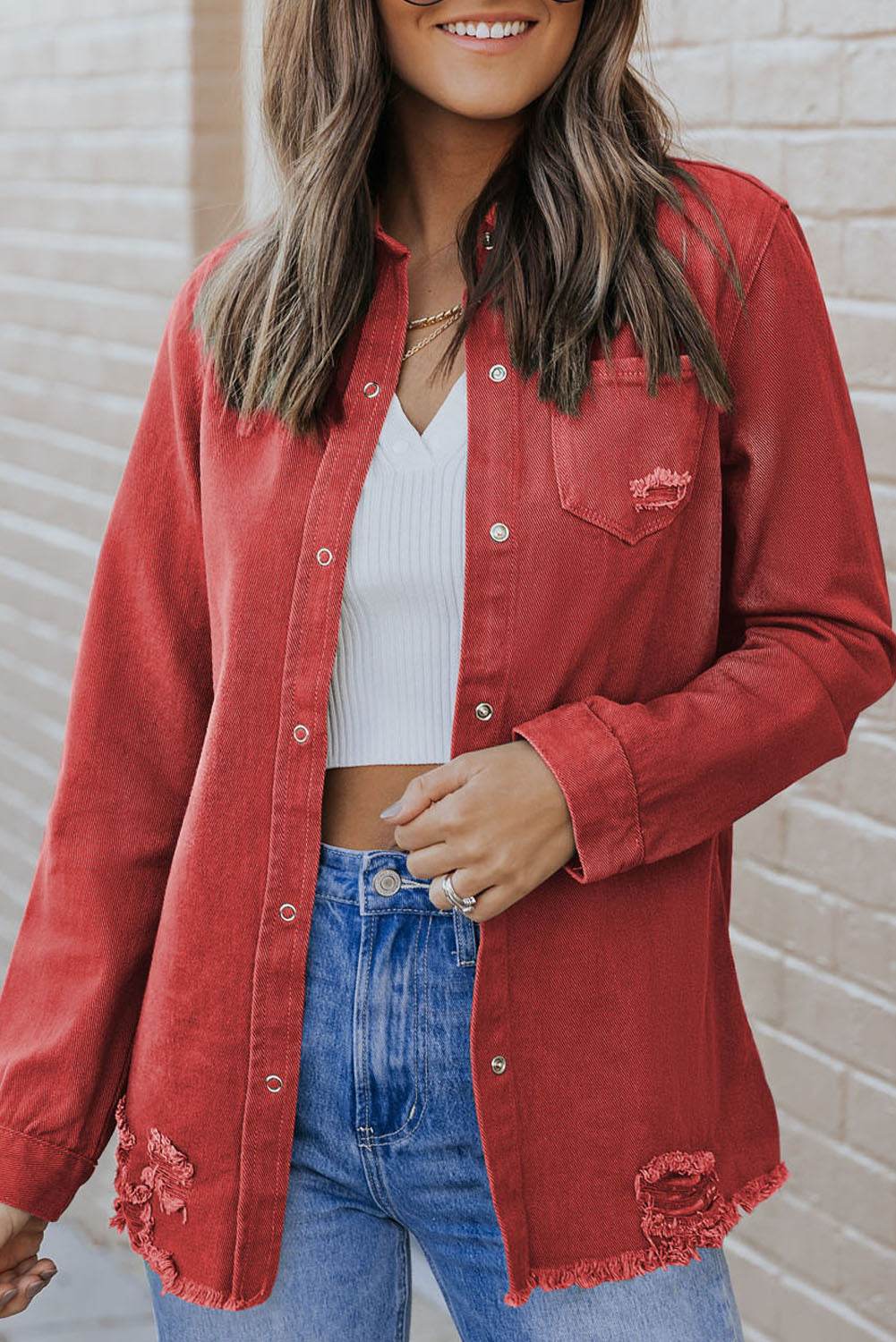 Distressed Raw Hem Snap Down Denim Jacket - UnLaced Boutique