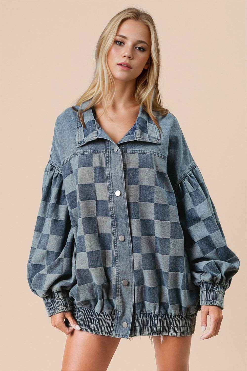 Double Take Checkered Button Up Denim Jacket - UnLaced Boutique