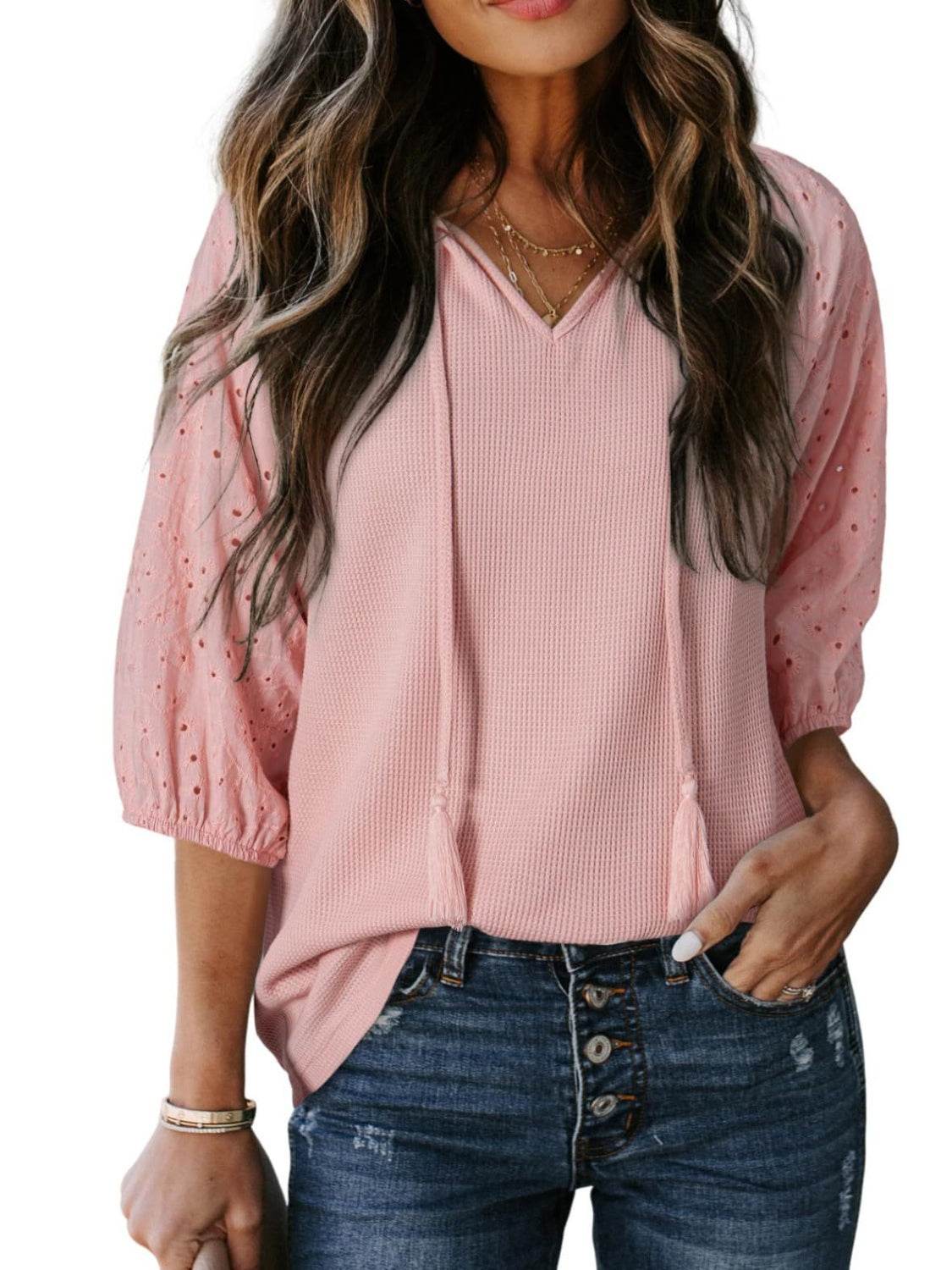 Eyelet Tie Neck Three-Quarter Sleeve Blouse - UnLaced Boutique