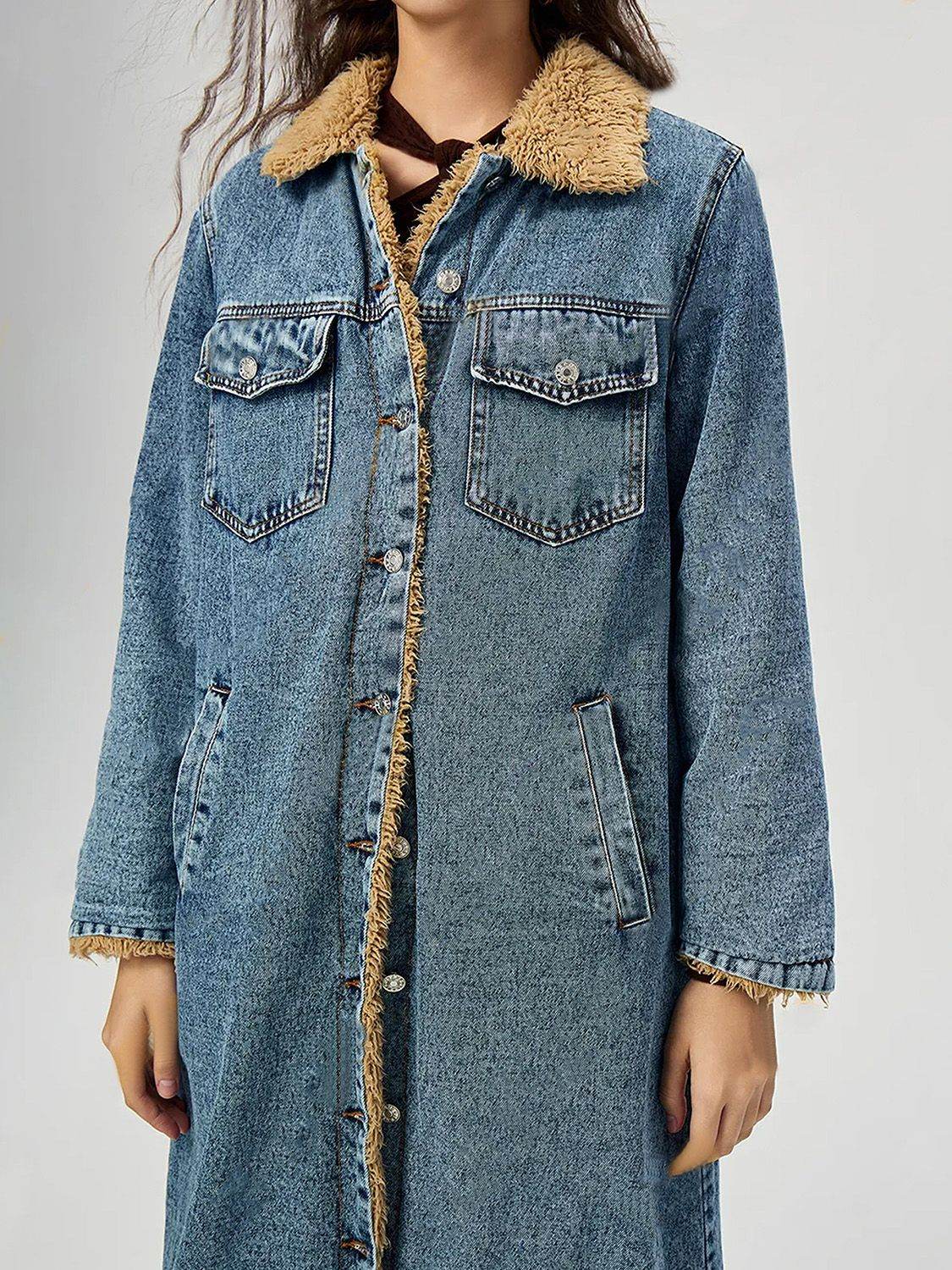 Pocketed Button Up Denim Jacket with Fur Lining - UnLaced Boutique
