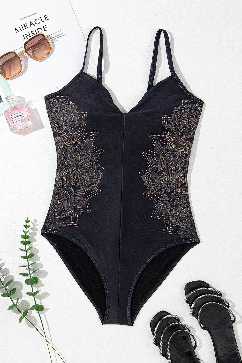 Embroidered V-Neck One-Piece Swimwear - UnLaced Boutique